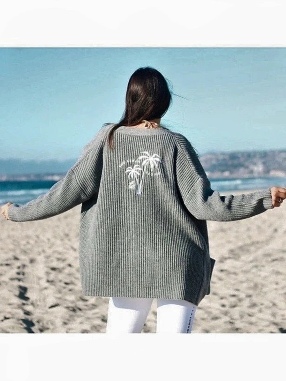 The Beach People The Twin Palms Cardigan Gray Palm Tree Cardigan Size XL